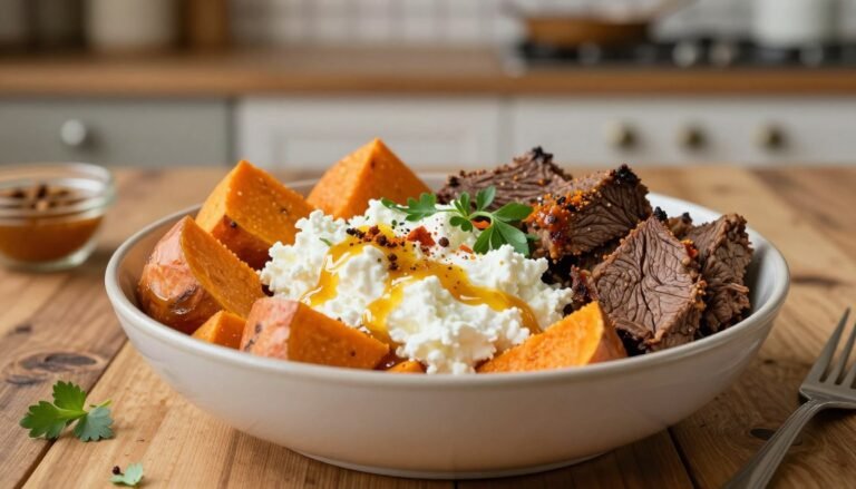 Hot Honey Cottage Cheese Sweet Potato Beef Bowl